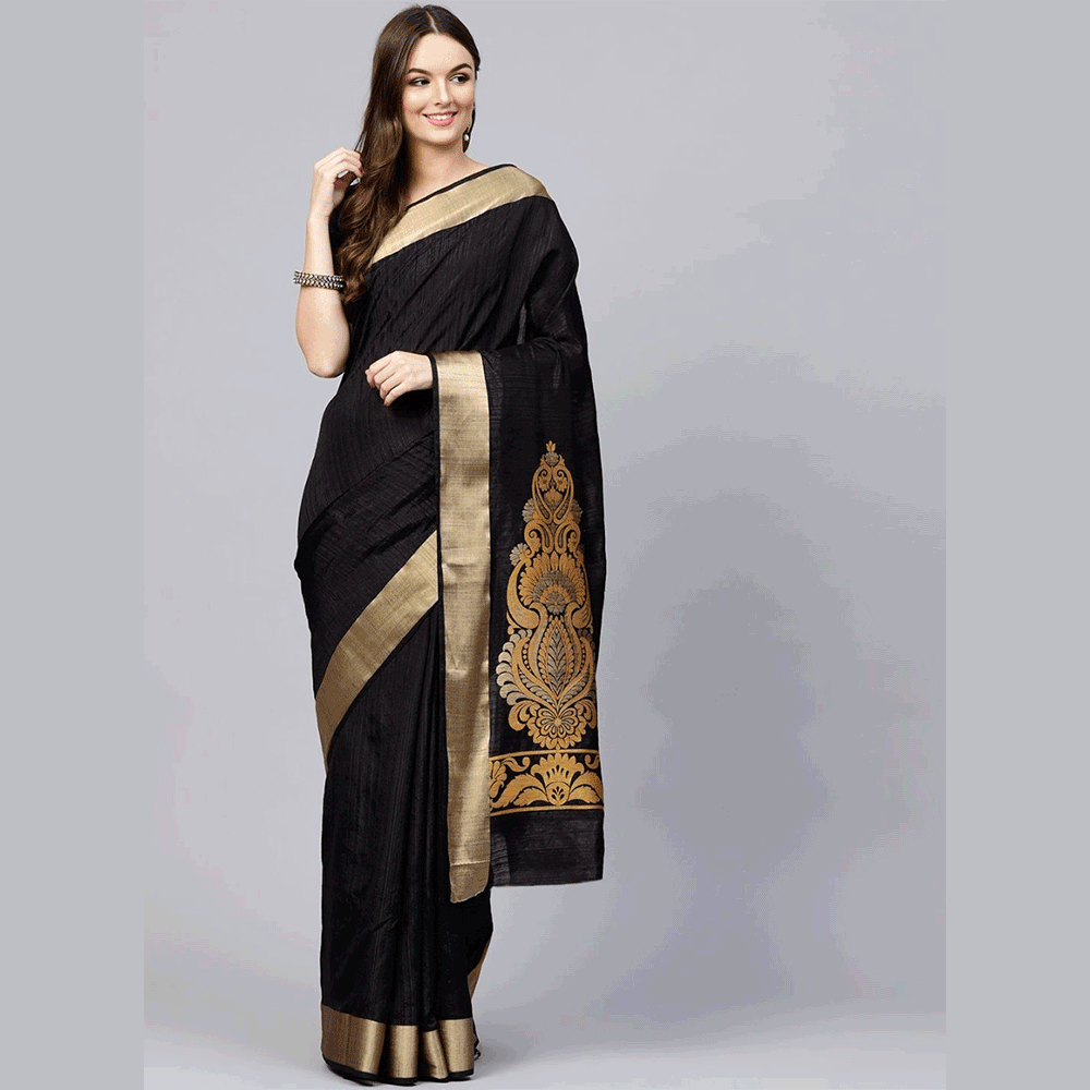 Silk Printed Saree With Blouse Piece For Women -Black