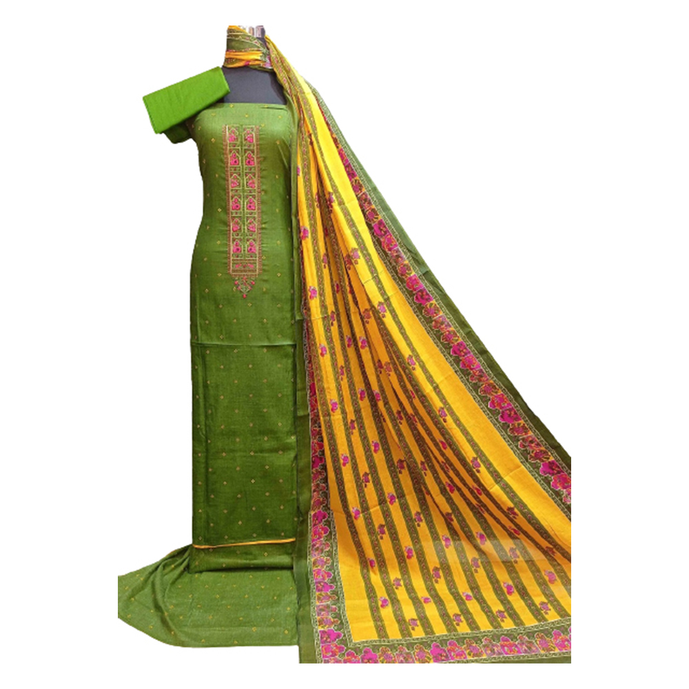 Unstitched Cotton Embroidery Salwar Kameez for Women - Green - 3R-G01