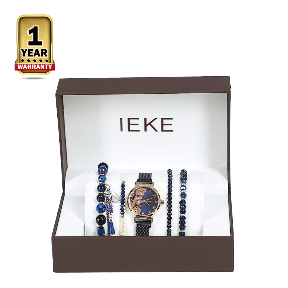 IEKE Stainless Steel Classic Flower Analog Watch For Women - Rose Gold and Royal Blue - 88055