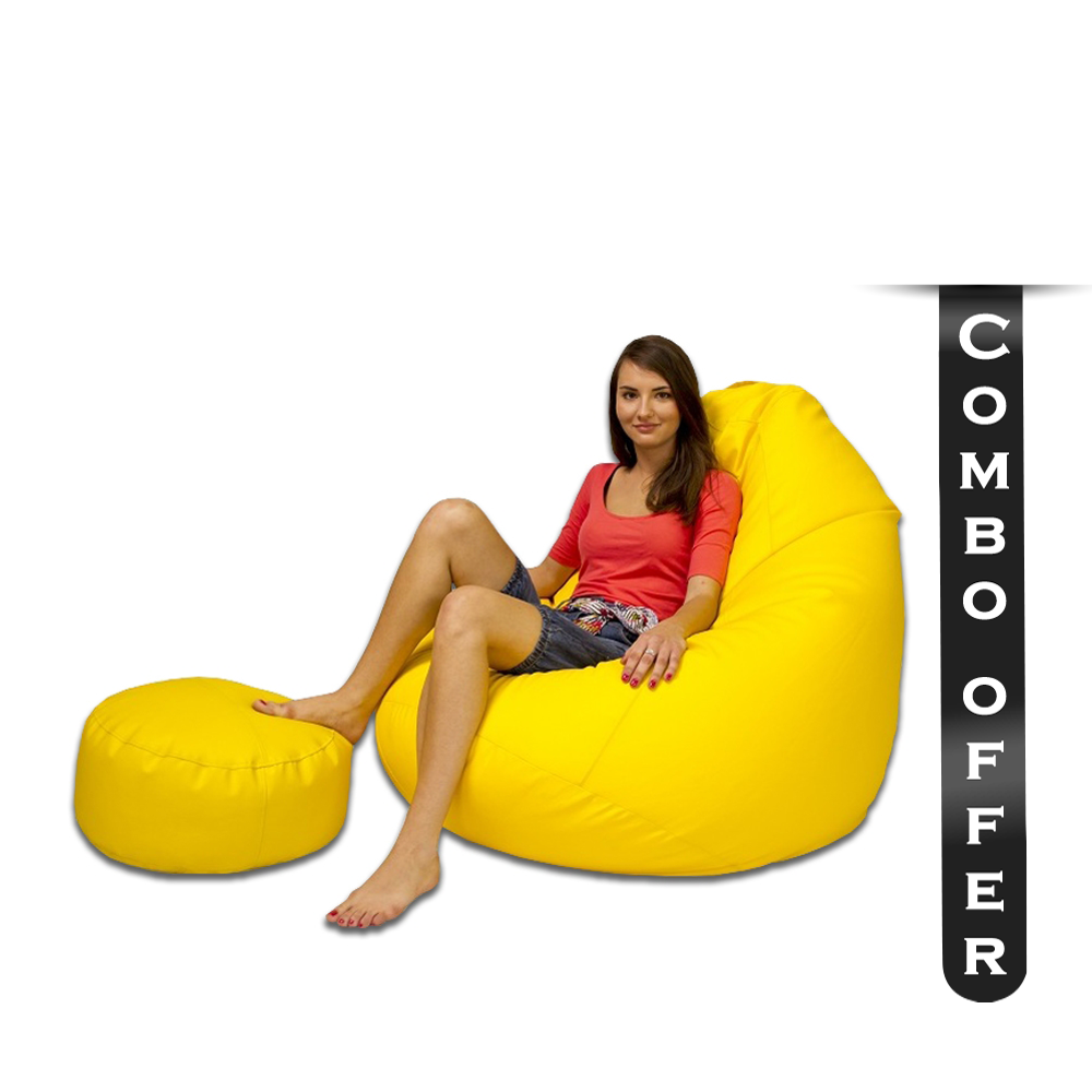 Combo of 2 Pcs Waterdrop Artificial Leather Beanbag With Footrest - XXXL - Yellow