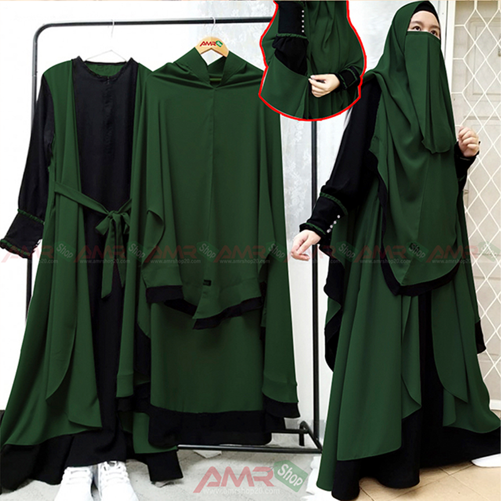 Dubai Cherry Indonesia Hijab and Niqab Burkha Set for Women - Bottle Green - B_444
