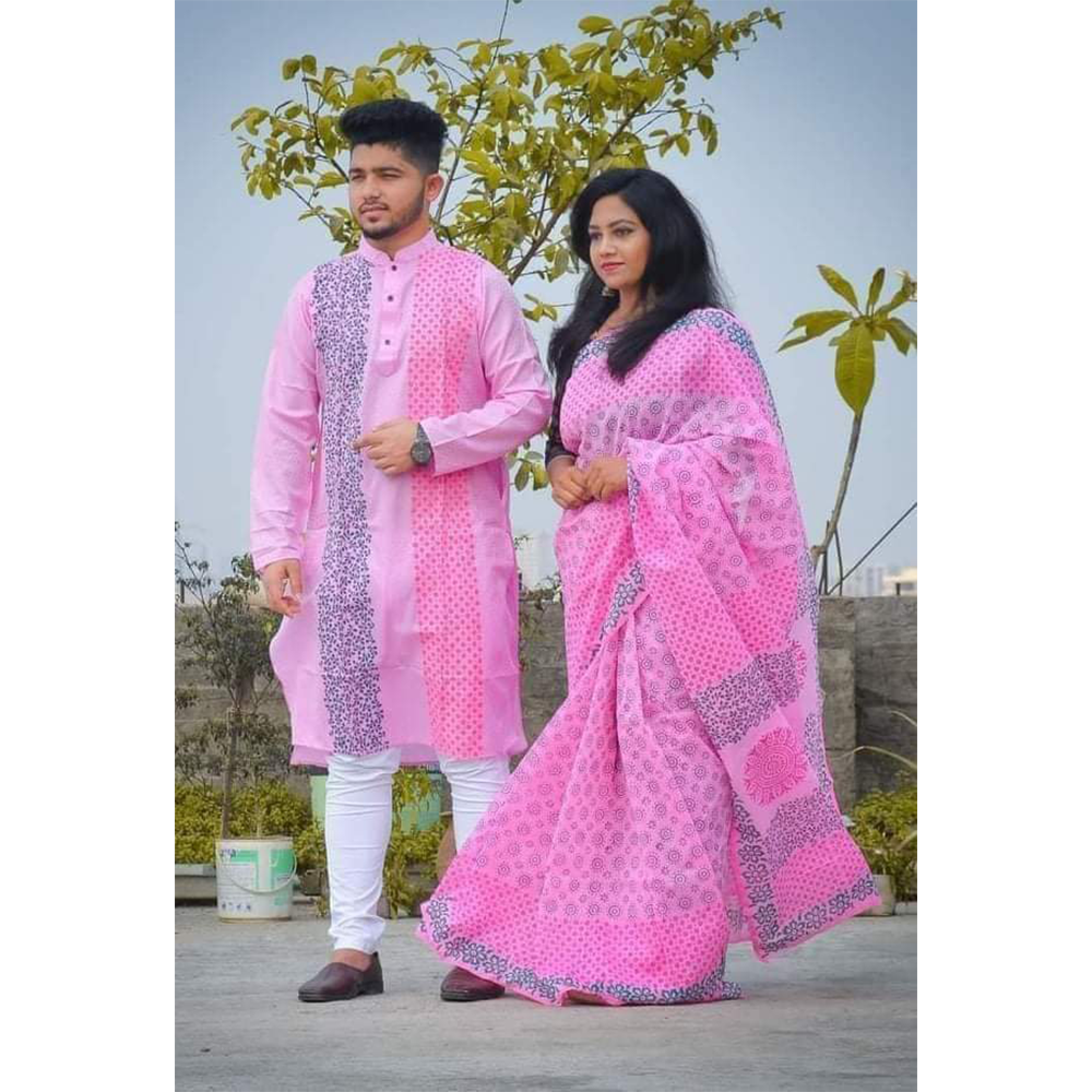 Dupion Silk Panjabi With Saree Couple Set - Pink - CB025