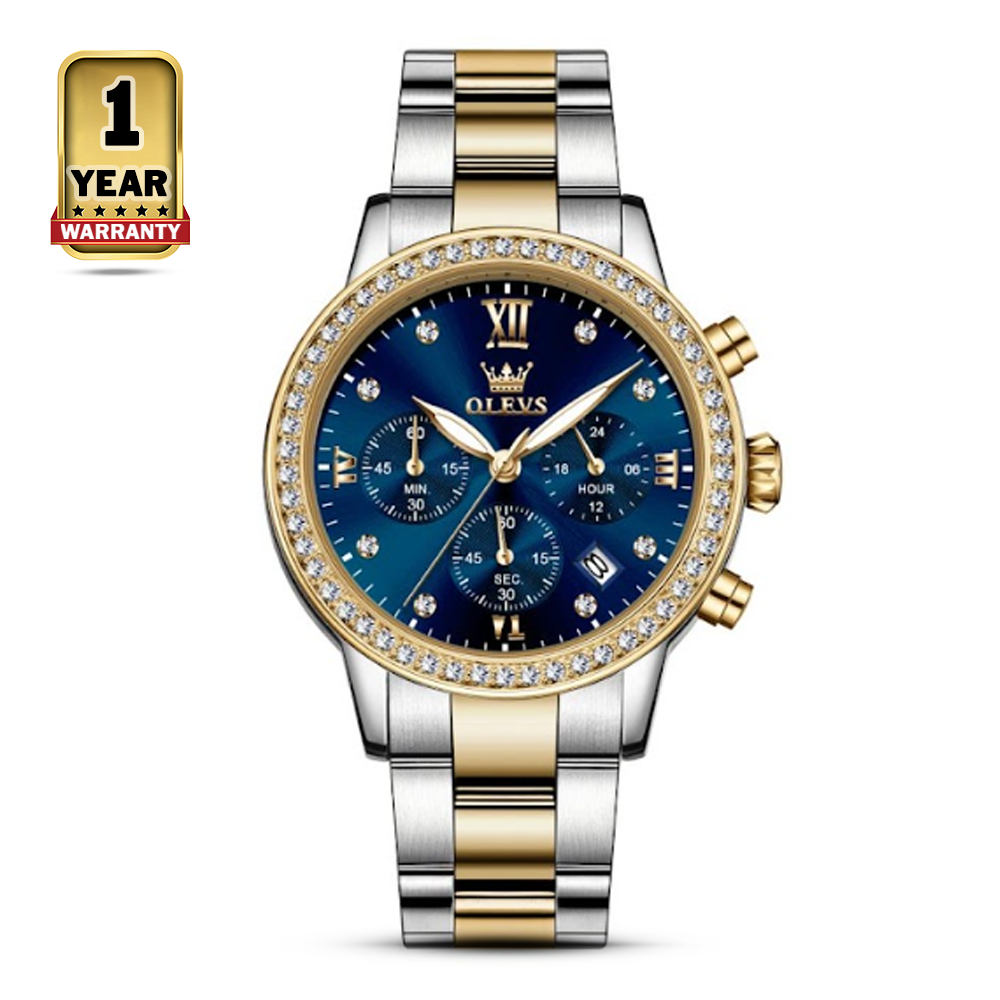 Olevs 9933 Stainless Steel Waterproof Luxury Quartz Wrist Analog Watch For Women - Golden Silver and Blue