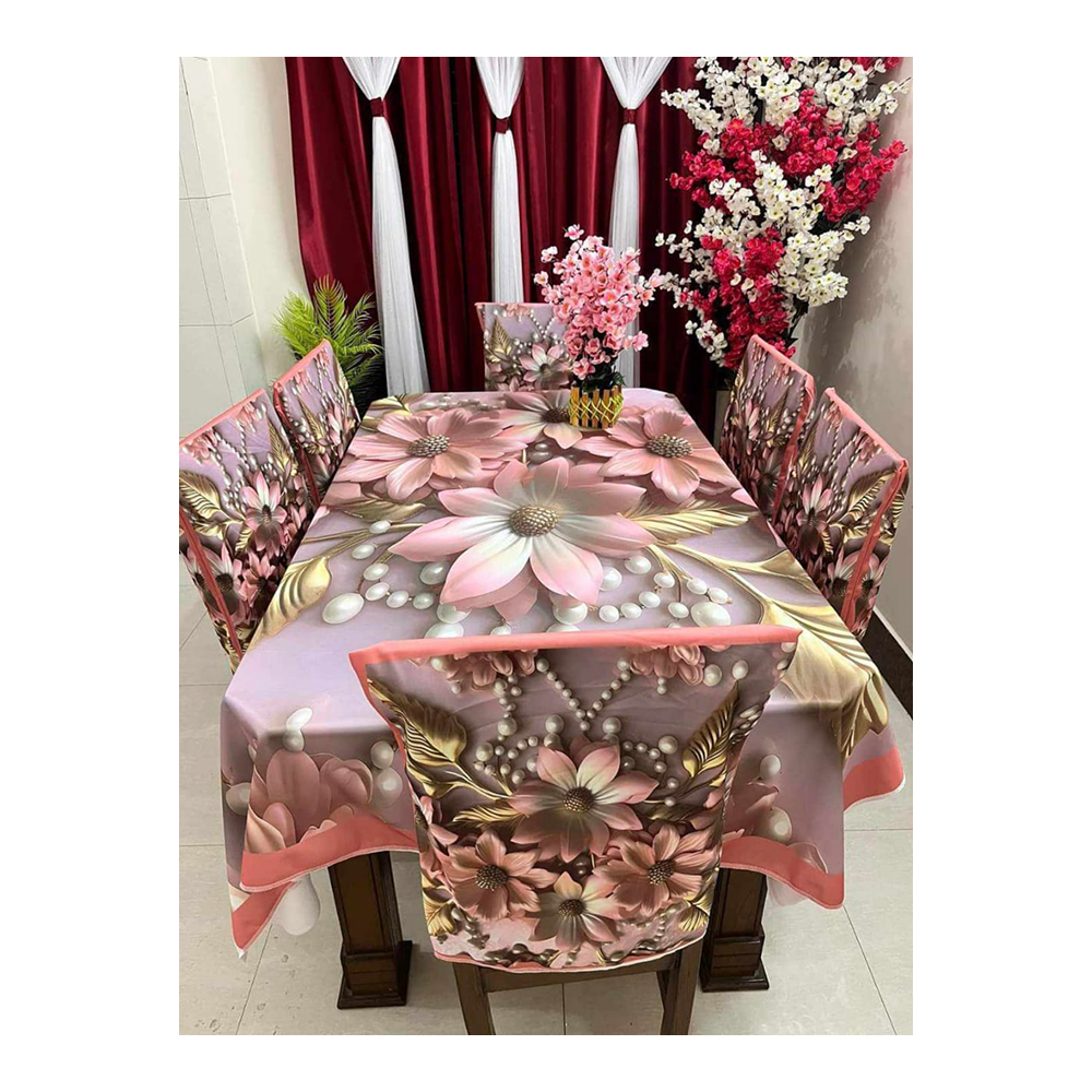 Soft Velvet 3D Print Premium 7 in 1 Dining Table Matt And Chair Cover Set - Multicolor - TC-119