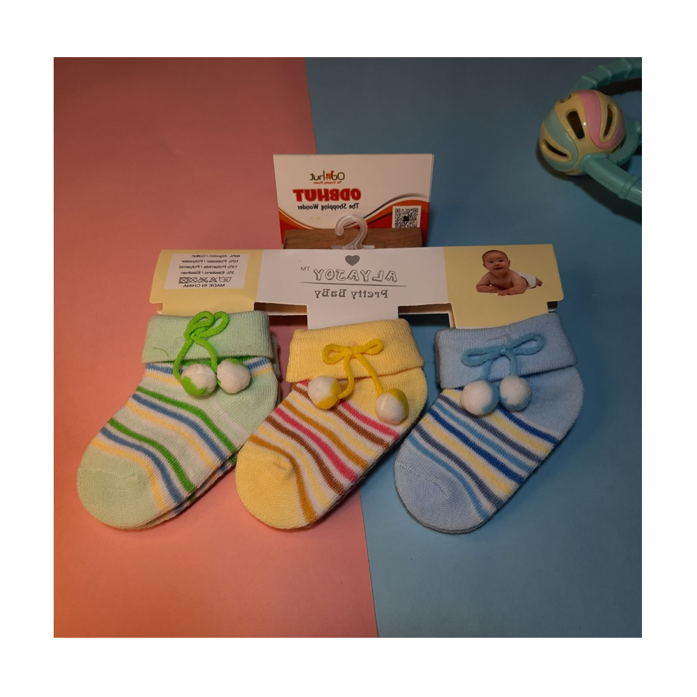 Cotton Three 3 Pair Socks For Baby 0-12 Month - Multicolor
