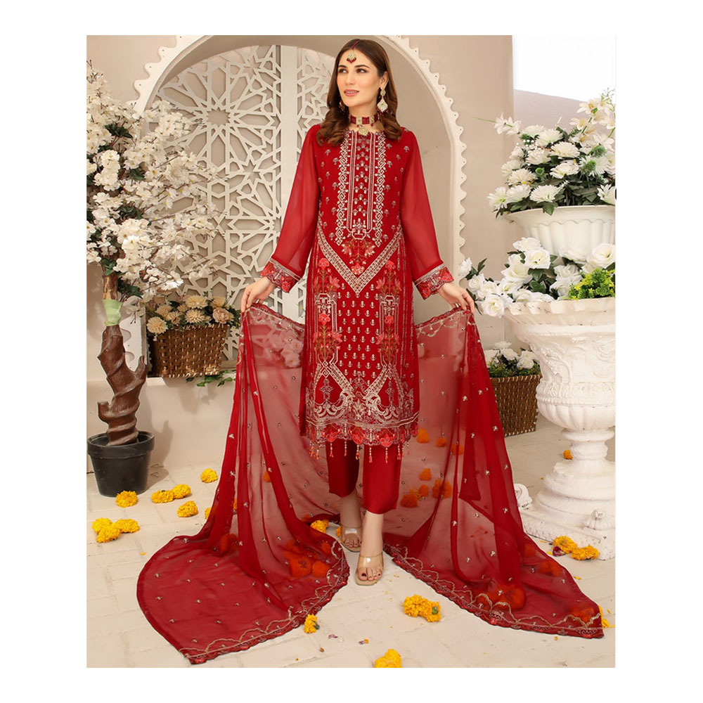 Semi-stitched Chiffon Party Dress for Women - Red - HP-3PP-302 (1 Pc Ring Free)