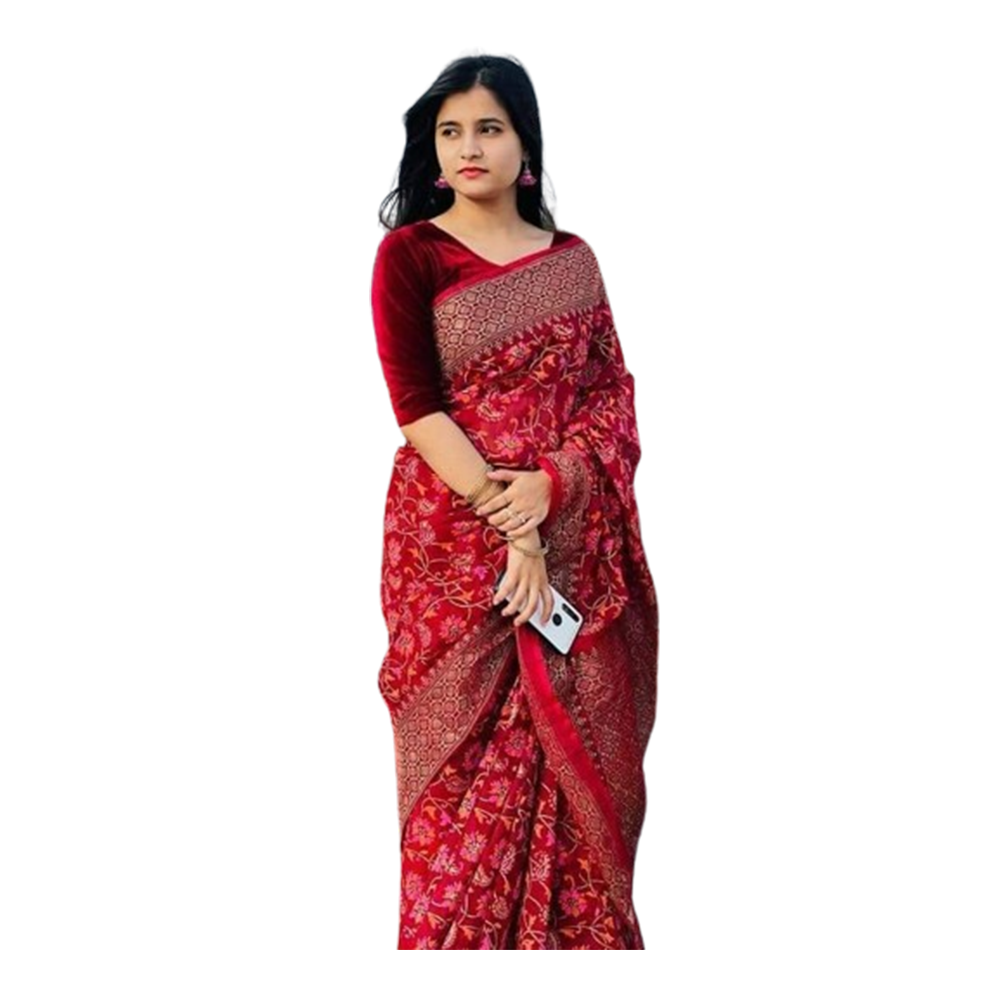 Half Silk Saree For Women - Red - 4318