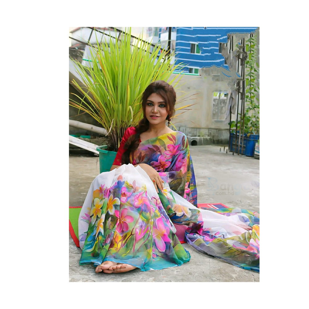 Hand Printed Half Silk Saree For Women - Multicolor - BAN148