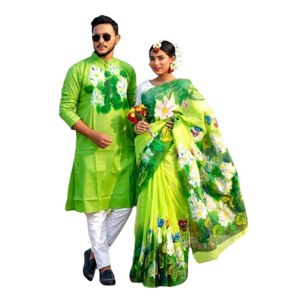 Hand Print Couple Set Saree With Panjabi - Green - CS-72