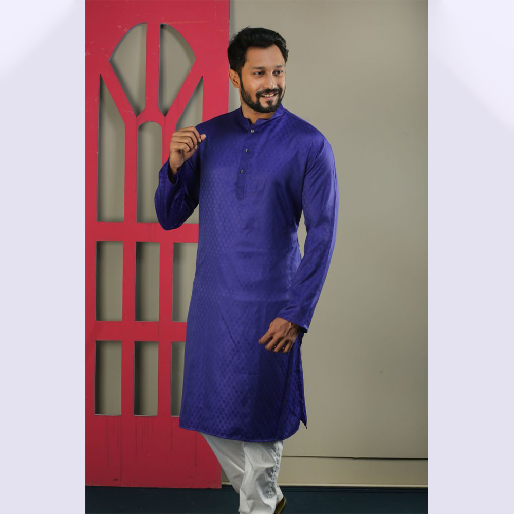 Dhupiyan Cotton Silk Semi Long Panjabi For Men - Blue