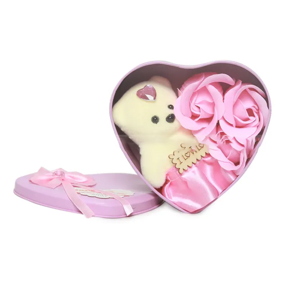 Heart Shaped Gift Box with Teddy and Roses - Pink