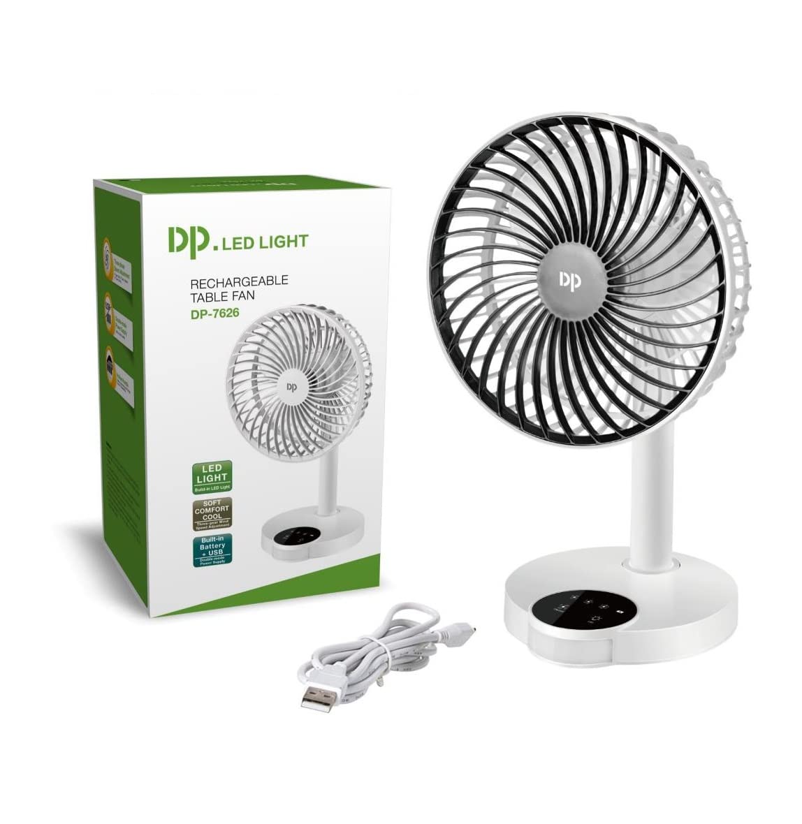 DP 7626 (RECHARGEABLE TABLE FAN) 4000mAh, With LED Night Light USB Fan