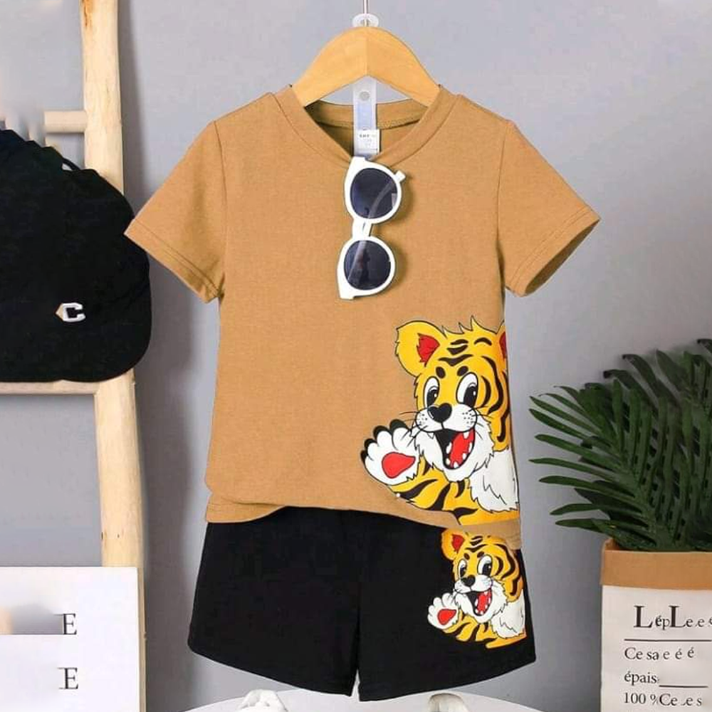 Soft Cotton T-Shirt and Pant Set For Boys - Dark Brown and Black