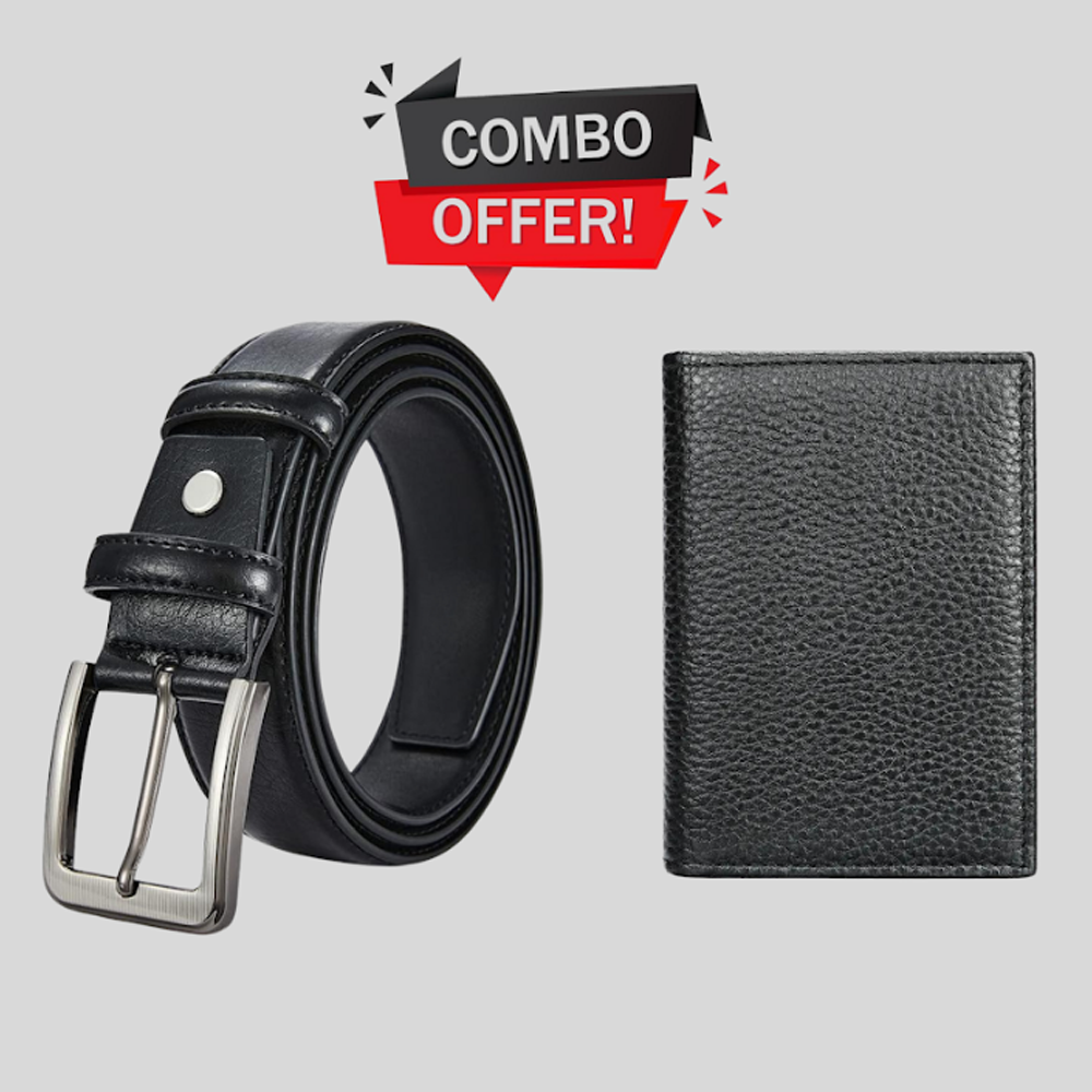 Zays Premium Leather Combo Pack Belt and Card Holder Men and Women - Black - ZCO109