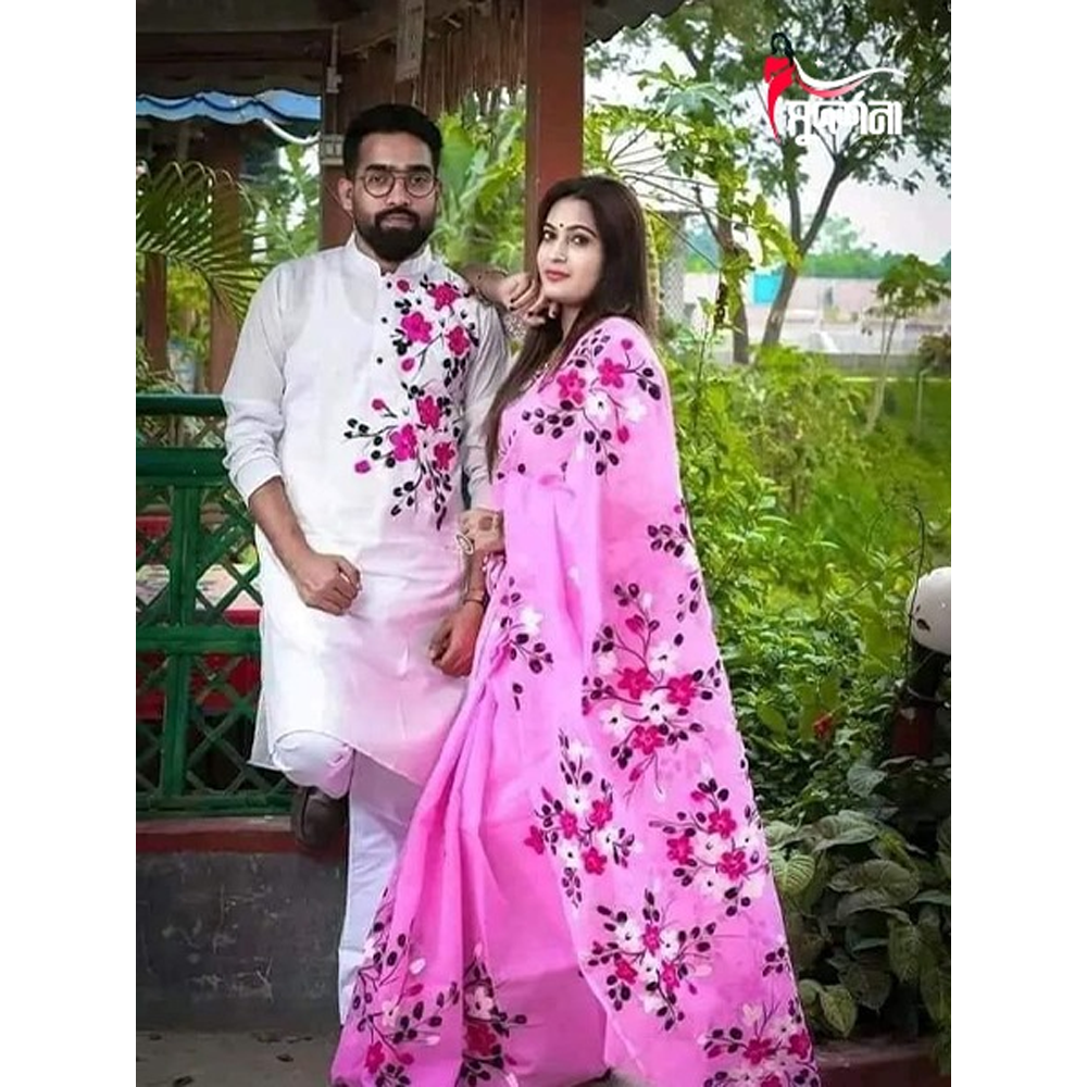 Dhupian Block Print Silk Saree and Dhupian Silk Panjabi for Couple - Multicolor - 0022