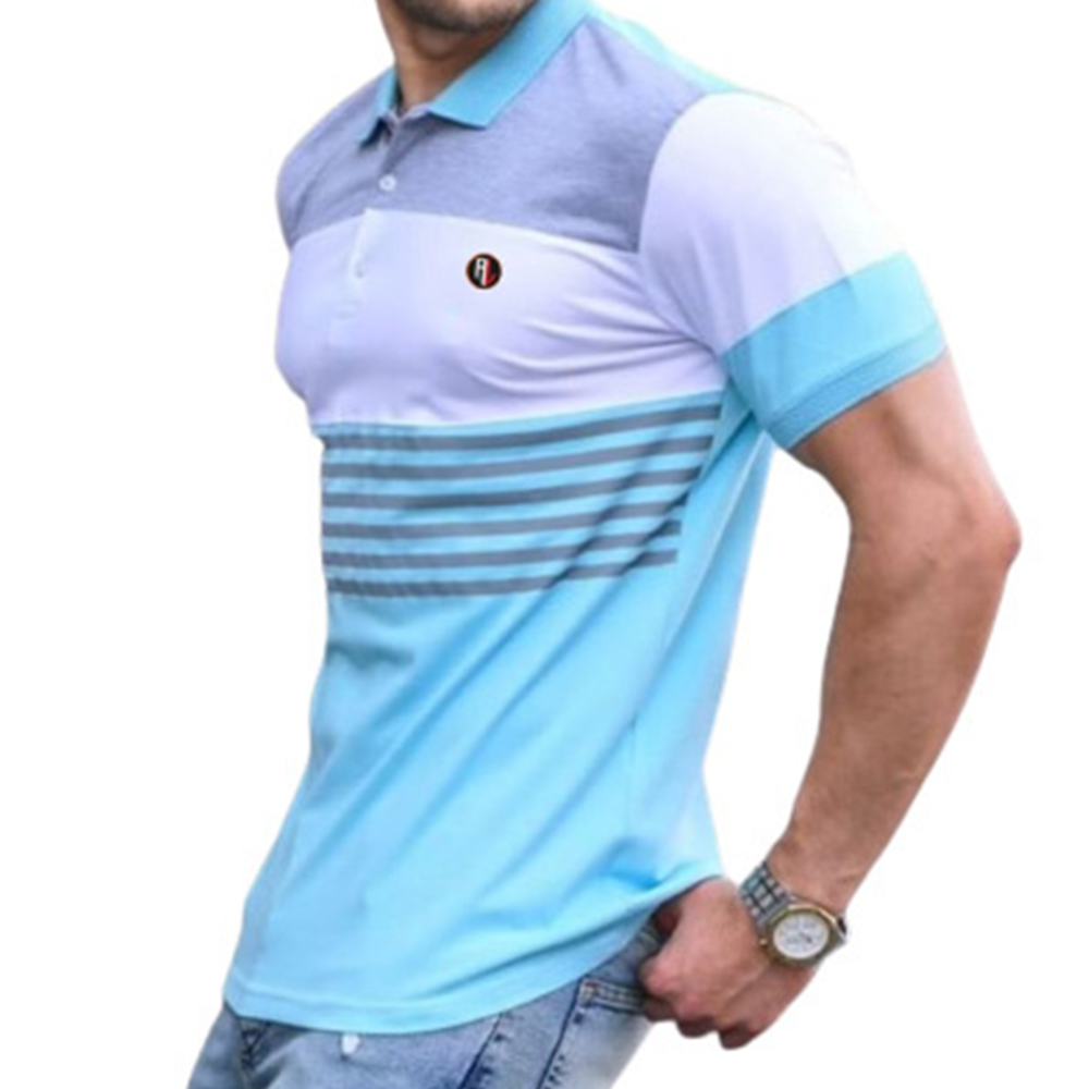 Pique Cotton Half Sleeve Polo Shirt For Men - White and Sky Blue - PT-190