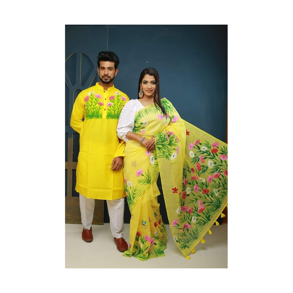 Hand Printed Half Silk Saree and Dhupian Cotton Panjabi For Couple Set - BAN091