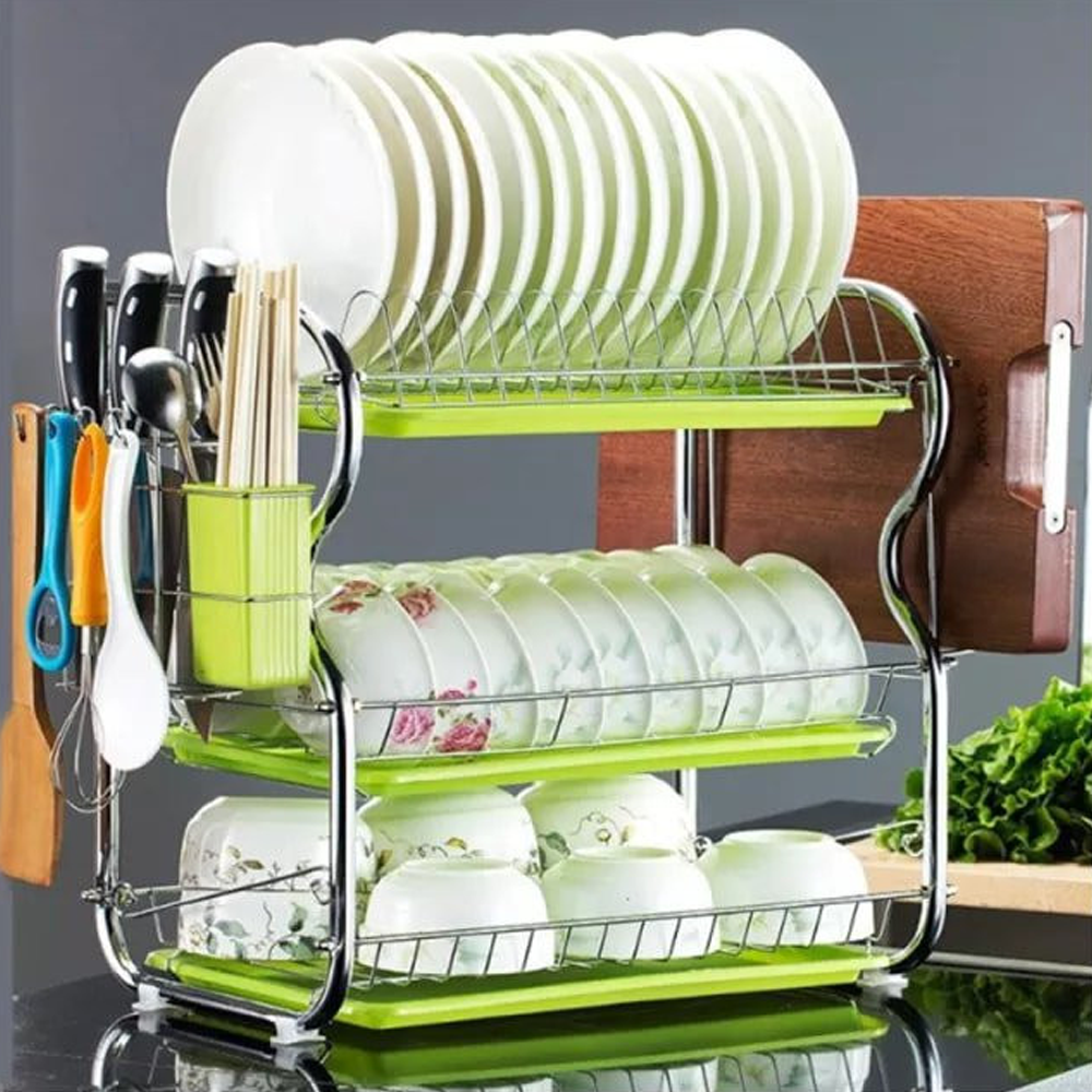 Stainless Steel 3 Layer Drainer Dish Rack - Silver