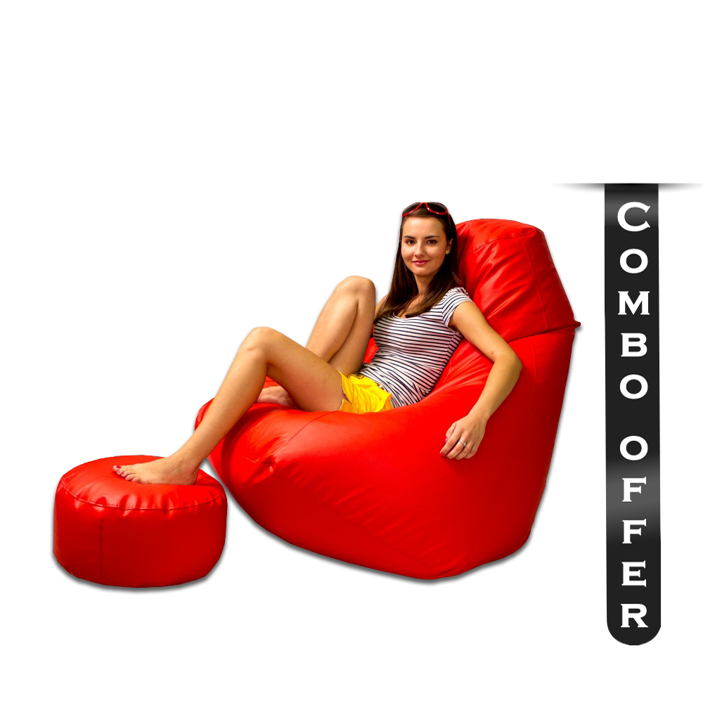 Combo of 2 Pcs Waterdrop Artificial Leather Beanbag With Footrest - XXXL - Red