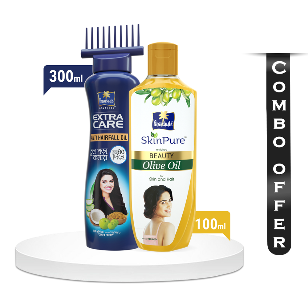 Super Combo of Parachute Hair Oil Anti Hairfall Oil Extra Care - 300ml And Parachute Skin Pure Beauty Olive Oil - 100ml