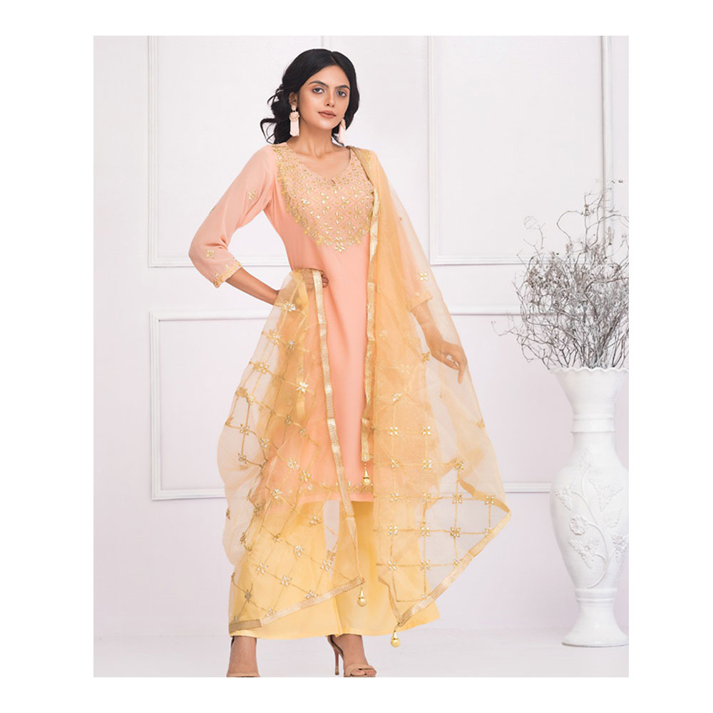 Georgette Semi Stitched Embroidered Three Piece for Women - Light Pink