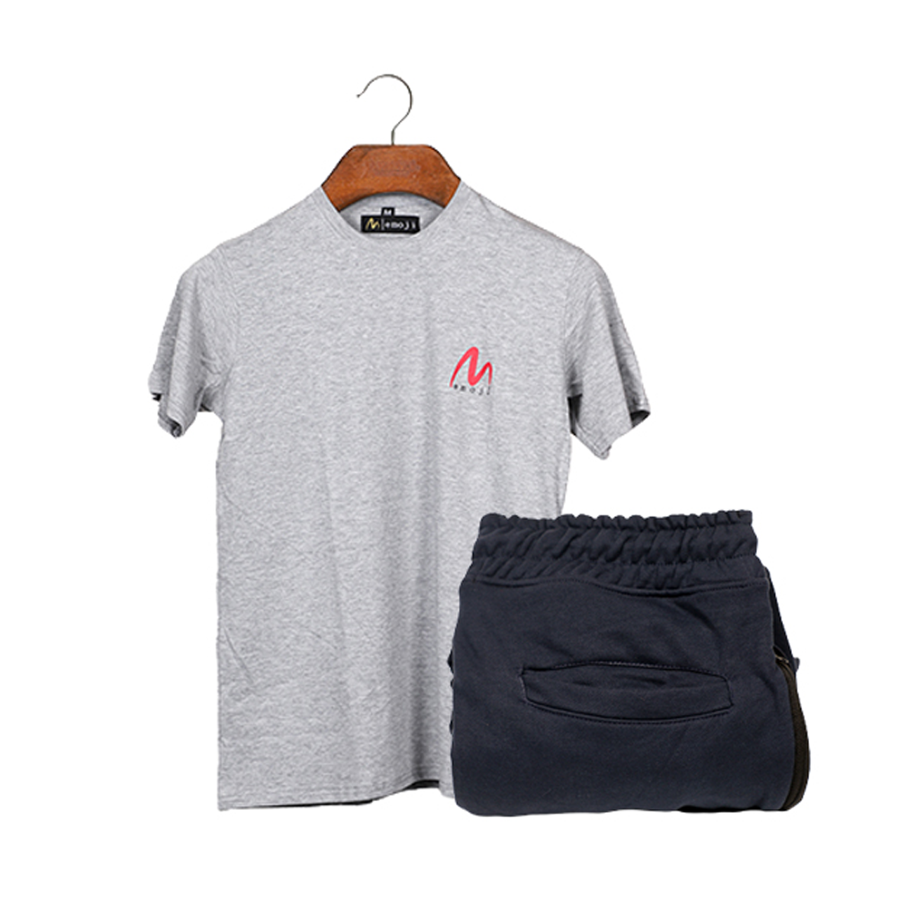 Cotton Half Sleeve T-Shirt & Terry Joggers For Men - Gray & Deep Blue - EMJ#GTBJC