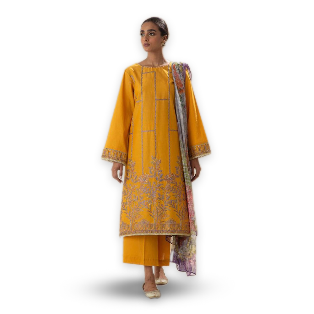 Unstitched Lawn Embroidered Salwar Kameez for Women - Yellow