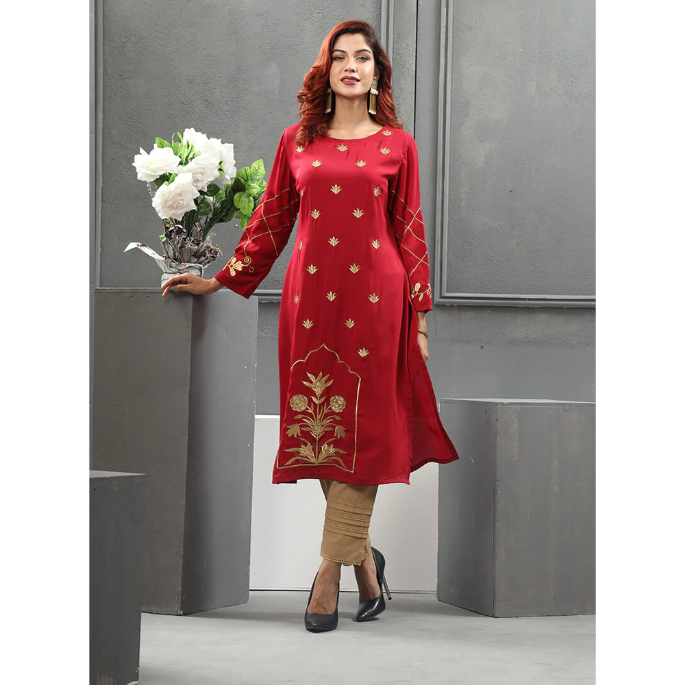 Crepe Silk Kurti Women - Maroon Red - M-07