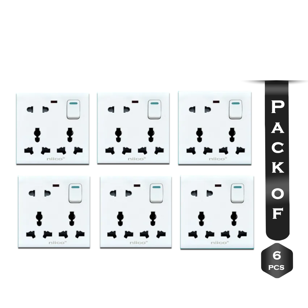 Pack of 6 Pcs Niico Classic 8 Pin Wall Switch Socket - White