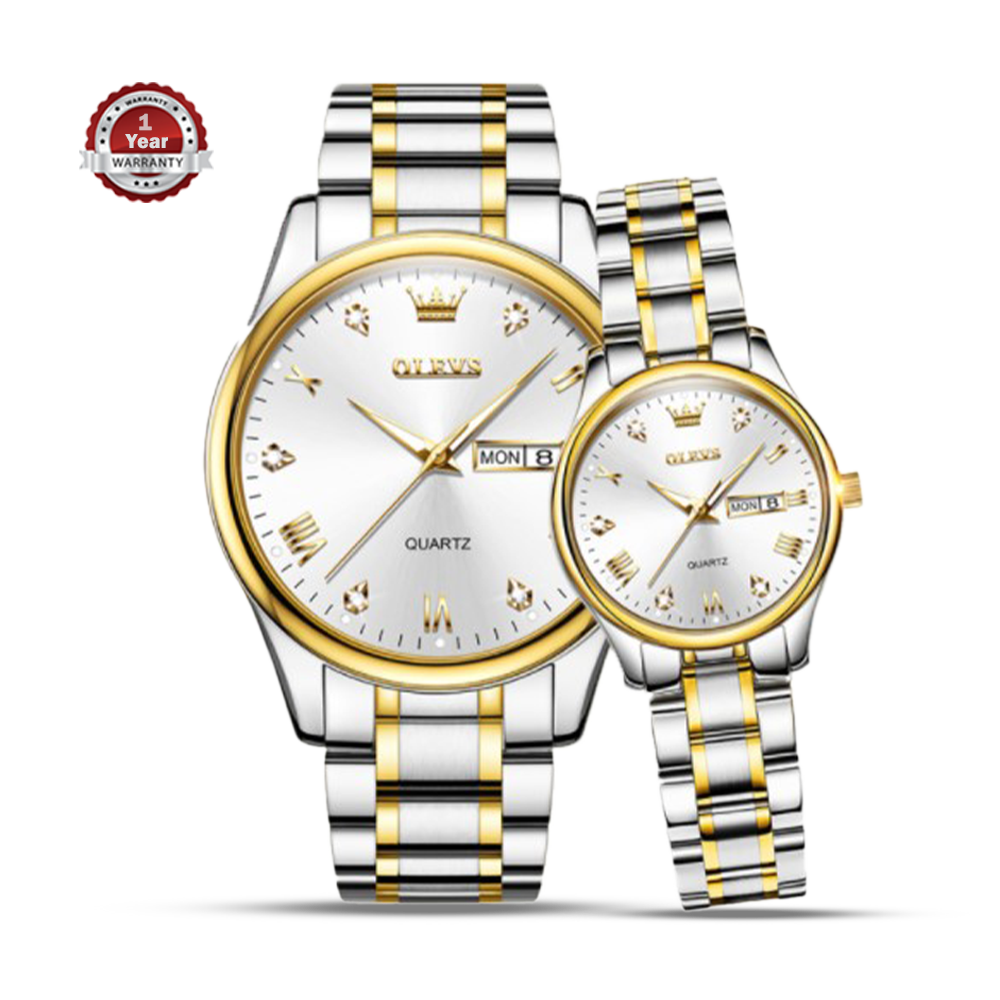 OLEVS 5563 Stainless Steel Analog Wrist Watch For Couple - White and Golden