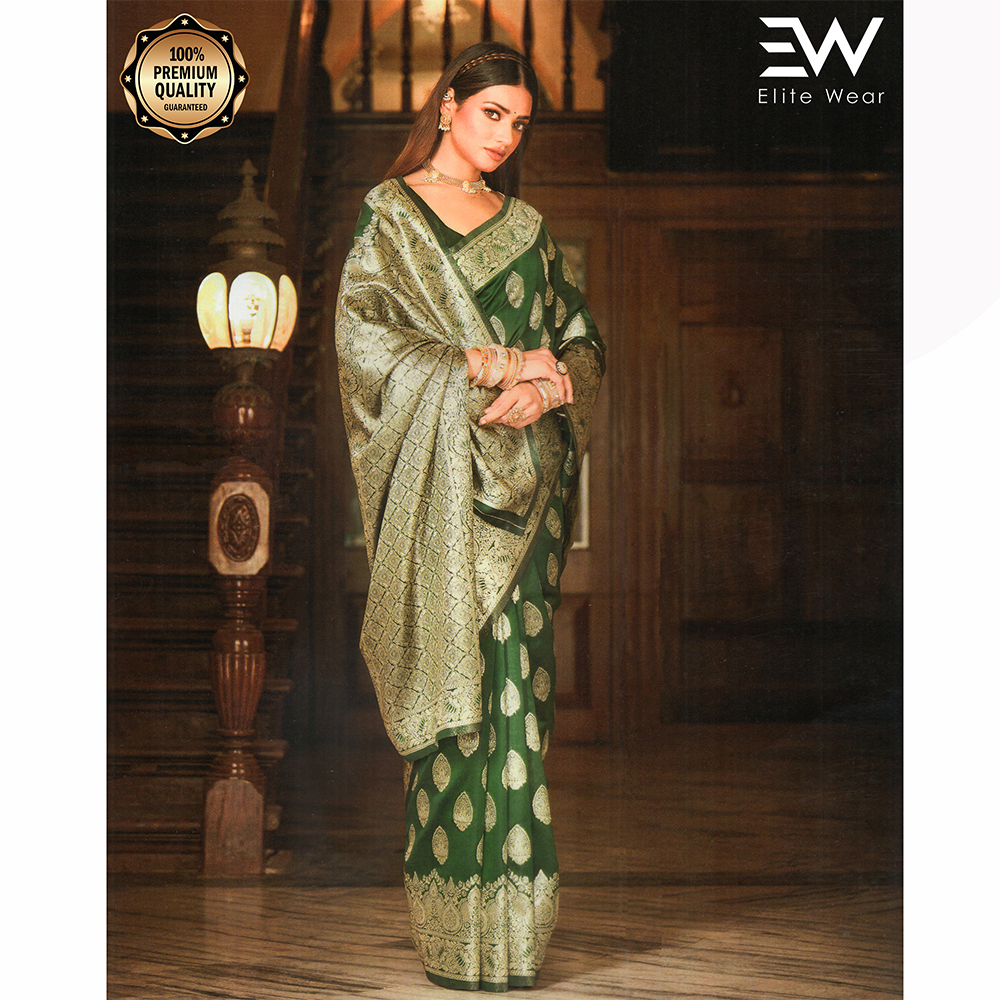 Gujrati Pure Handloom Katan Saree with Blouse Piece for Women - Dark Green - A-643 A