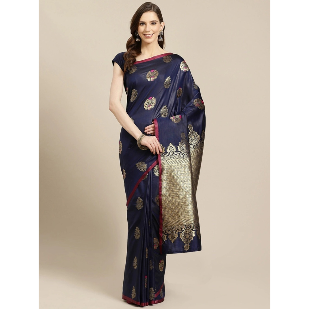 Silk Printed Gorgeous Saree With Blouse Piece For Women - Navy Blue - MN-737