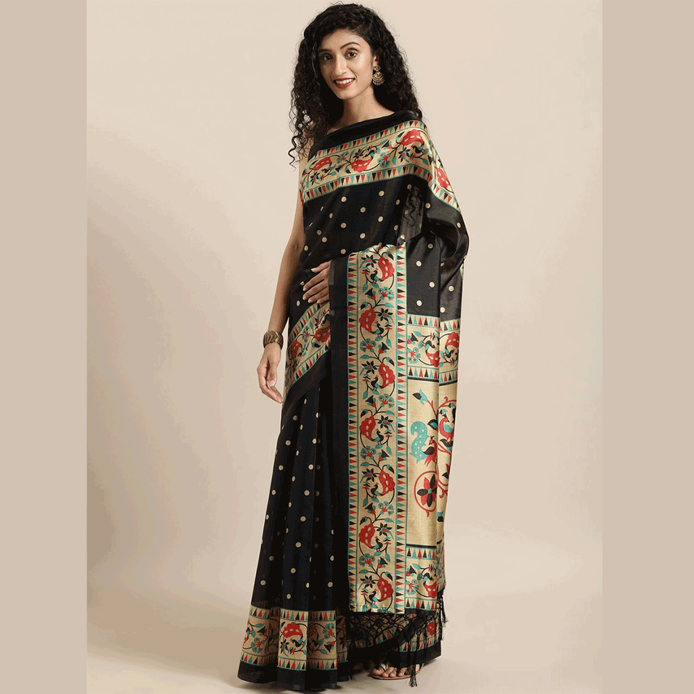 Silk Printed Saree With Blouse Piece For Women - Black