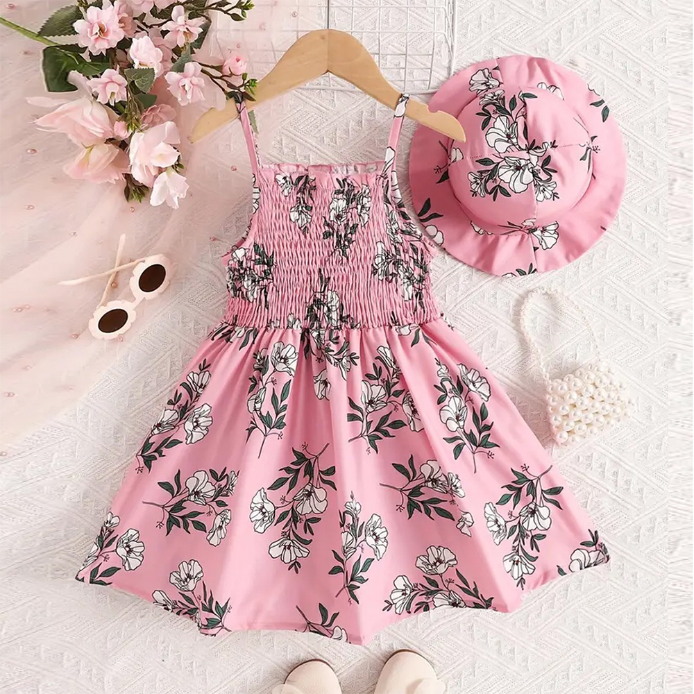 Linen 3D Printed Baby dress for Girls - Light Pink - BD-56