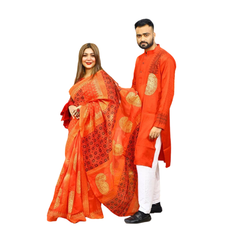 Half Silk Saree and Silk Cotton Panjabi Set For Couple - Orange - CS-45