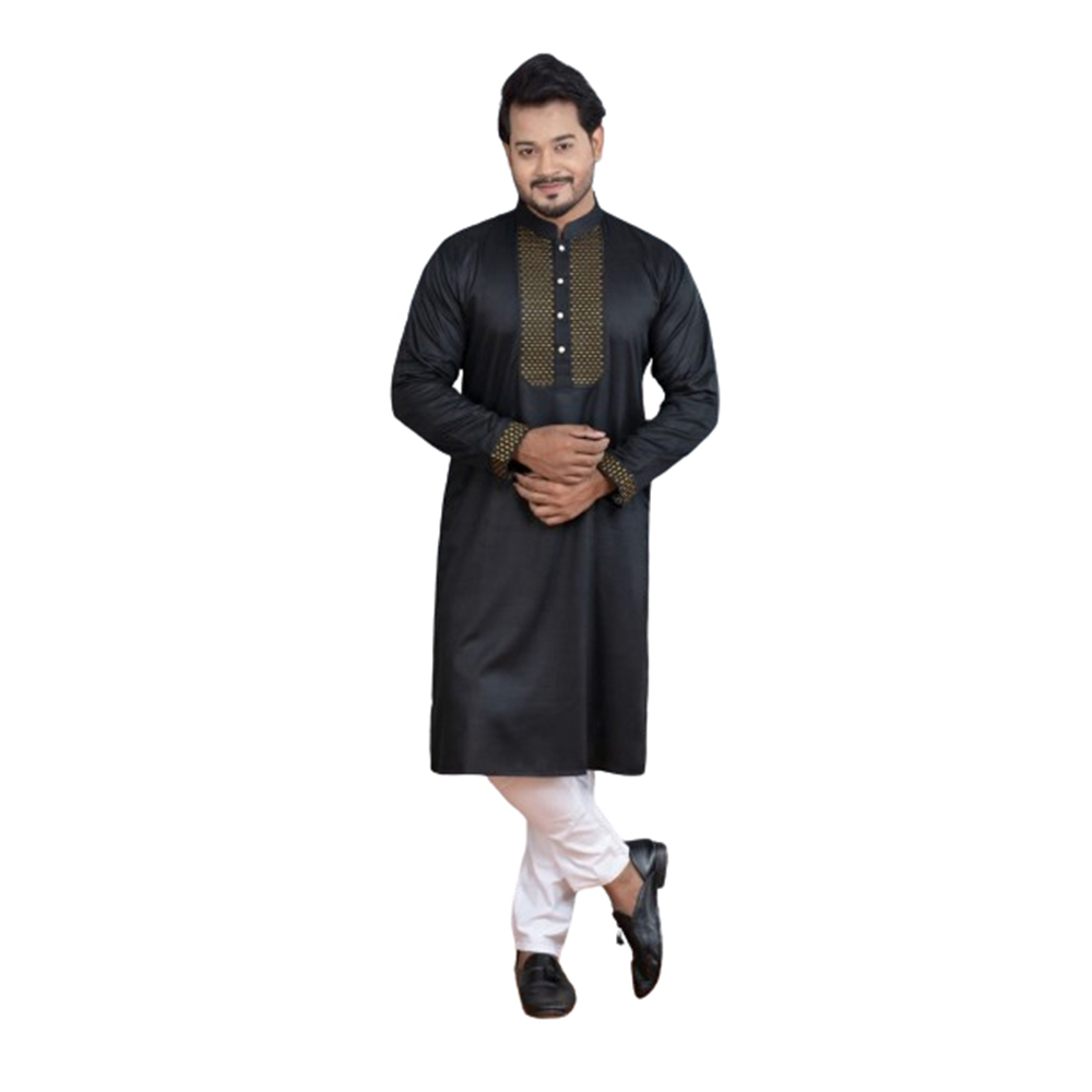 Cotton Embroidery Punjabi For Men - Black - P-N10