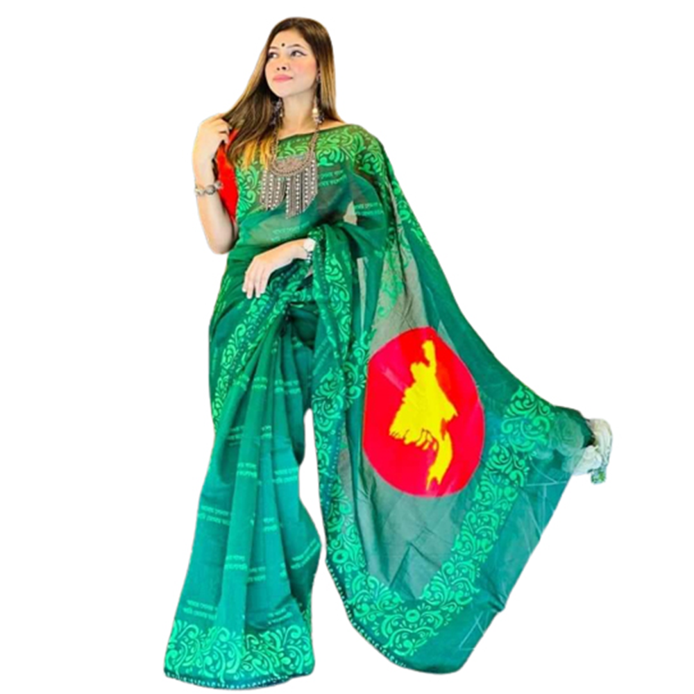 Half Silk Block Printed Saree For Women - Green - SP-137