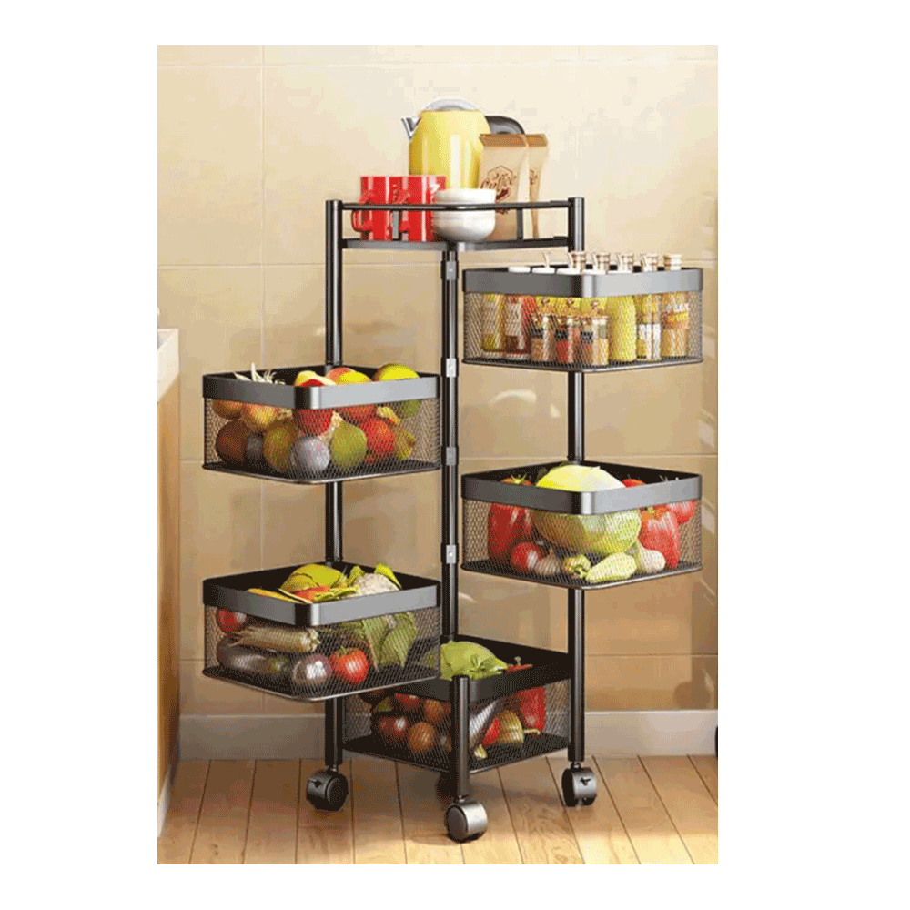 Carbon Steel 5 Layer Square Shape Kitchen Storage Rack - Black