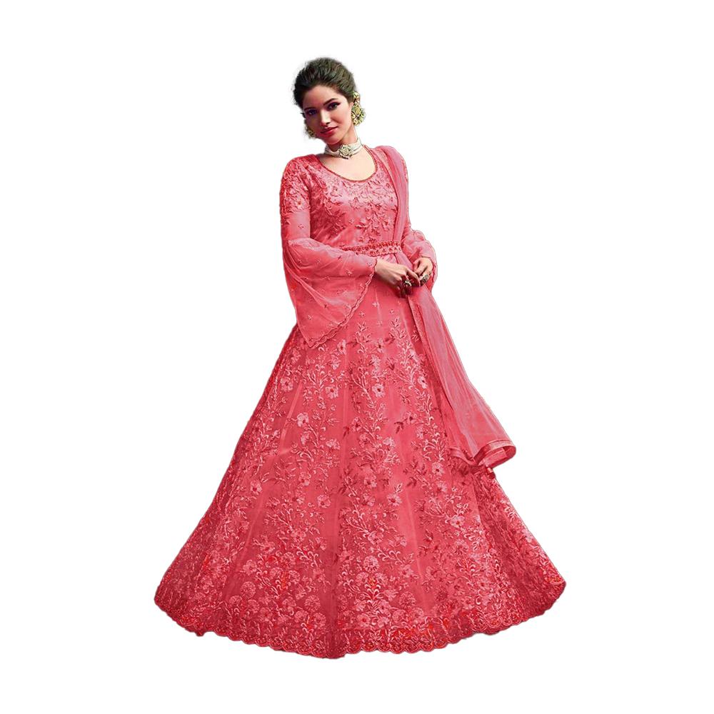 Unstitched Embroidery Work Georgette Anarkali Gown Dress For Women - Pink