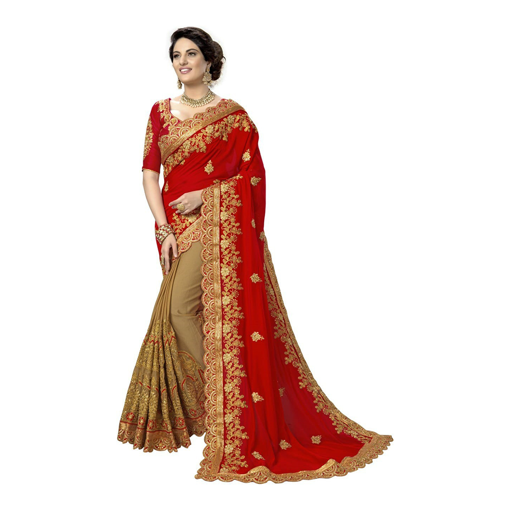 Weightless Georgette Embroidery Worked Saree With Blouse Piece For Women - Red - SJ-63