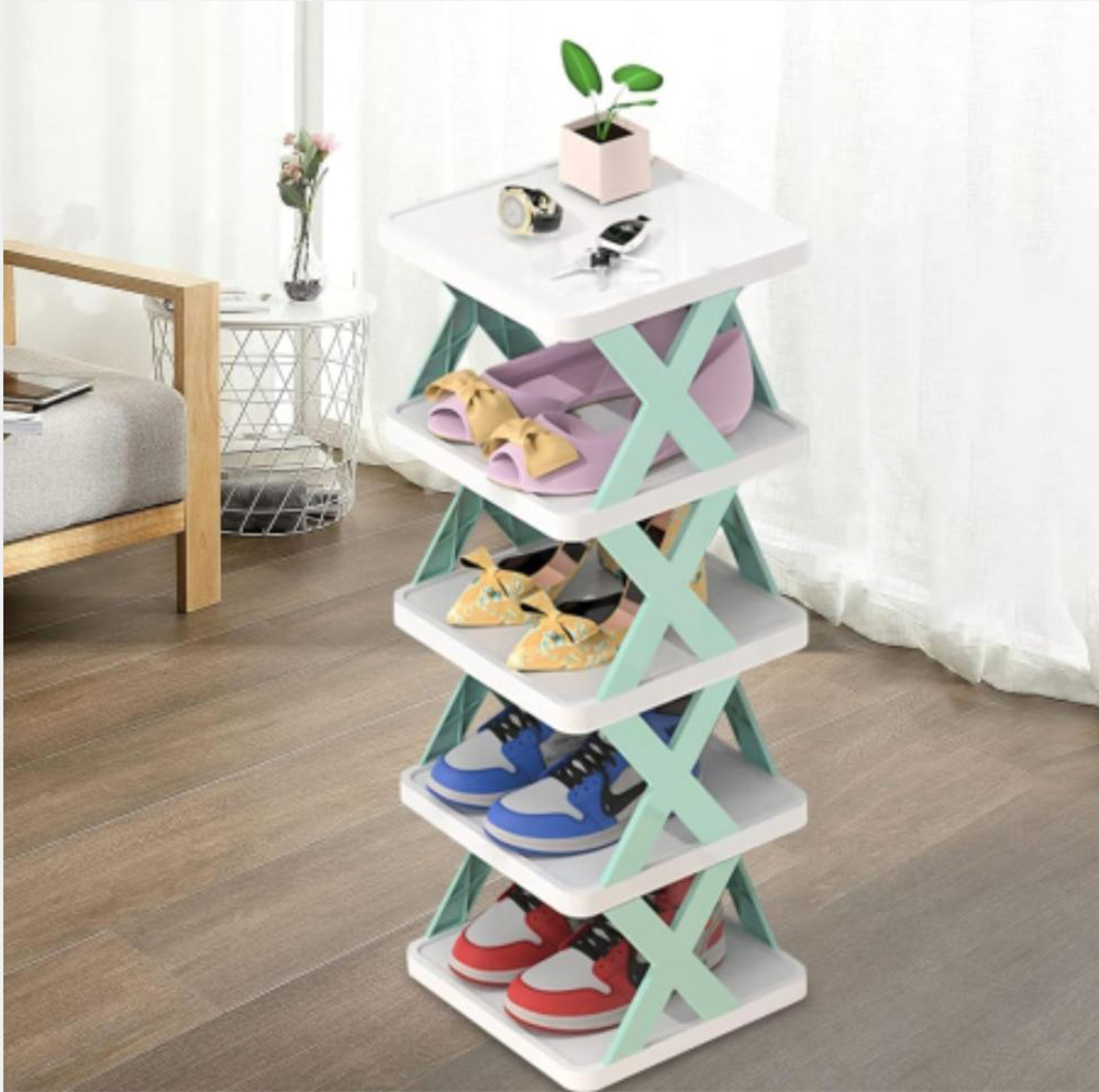 Plastic Multifunctional 5 Layer Shoe Organizer Rack - White and Pest - WC-01