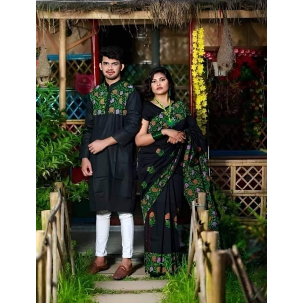 Half Silk Block Print Saree and Dupiyan Cotton Panjabi Couple Set - Black - 28