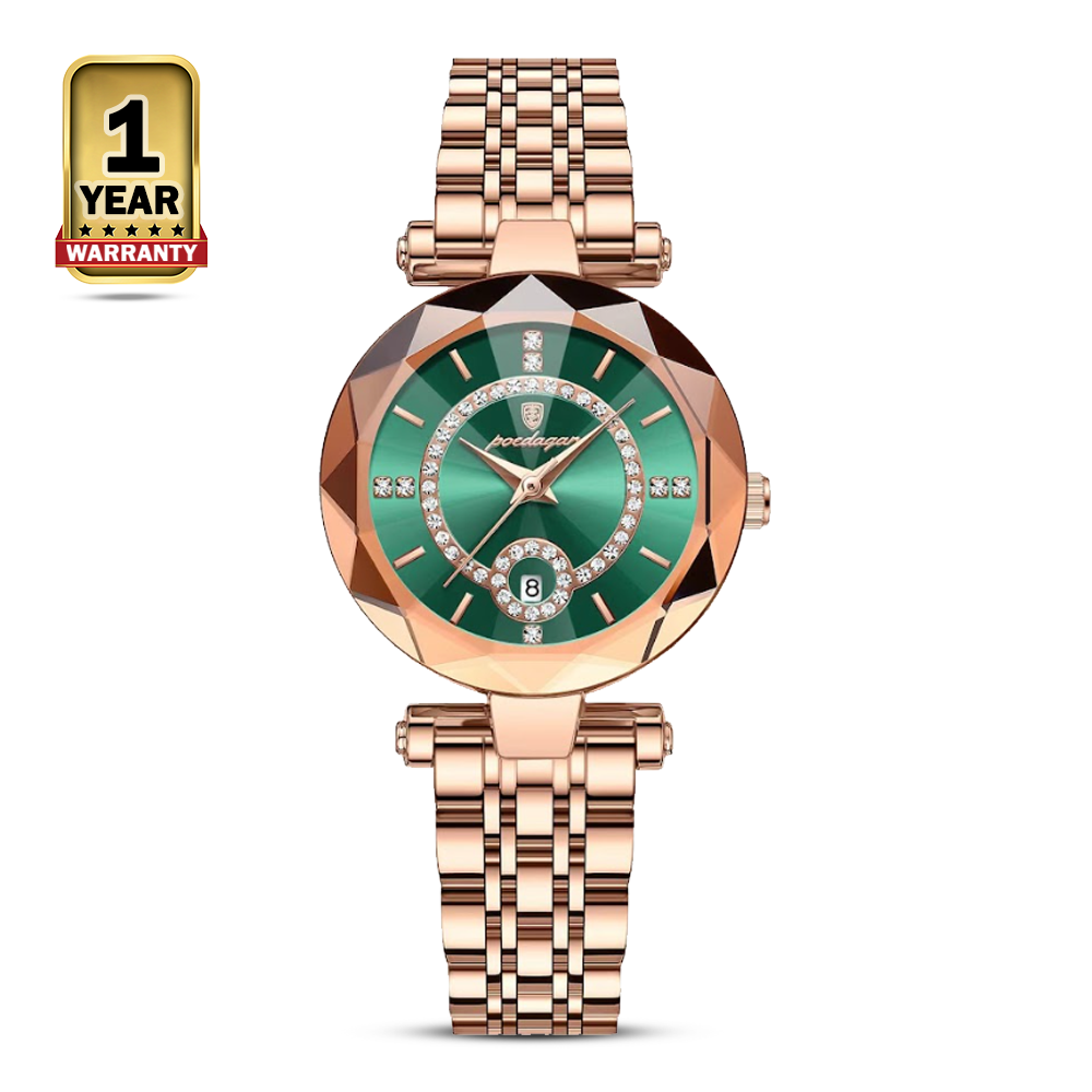 Poedagar 726 Stainless Steel Quartz Wrist Watch For Women - Rose Gold and Green