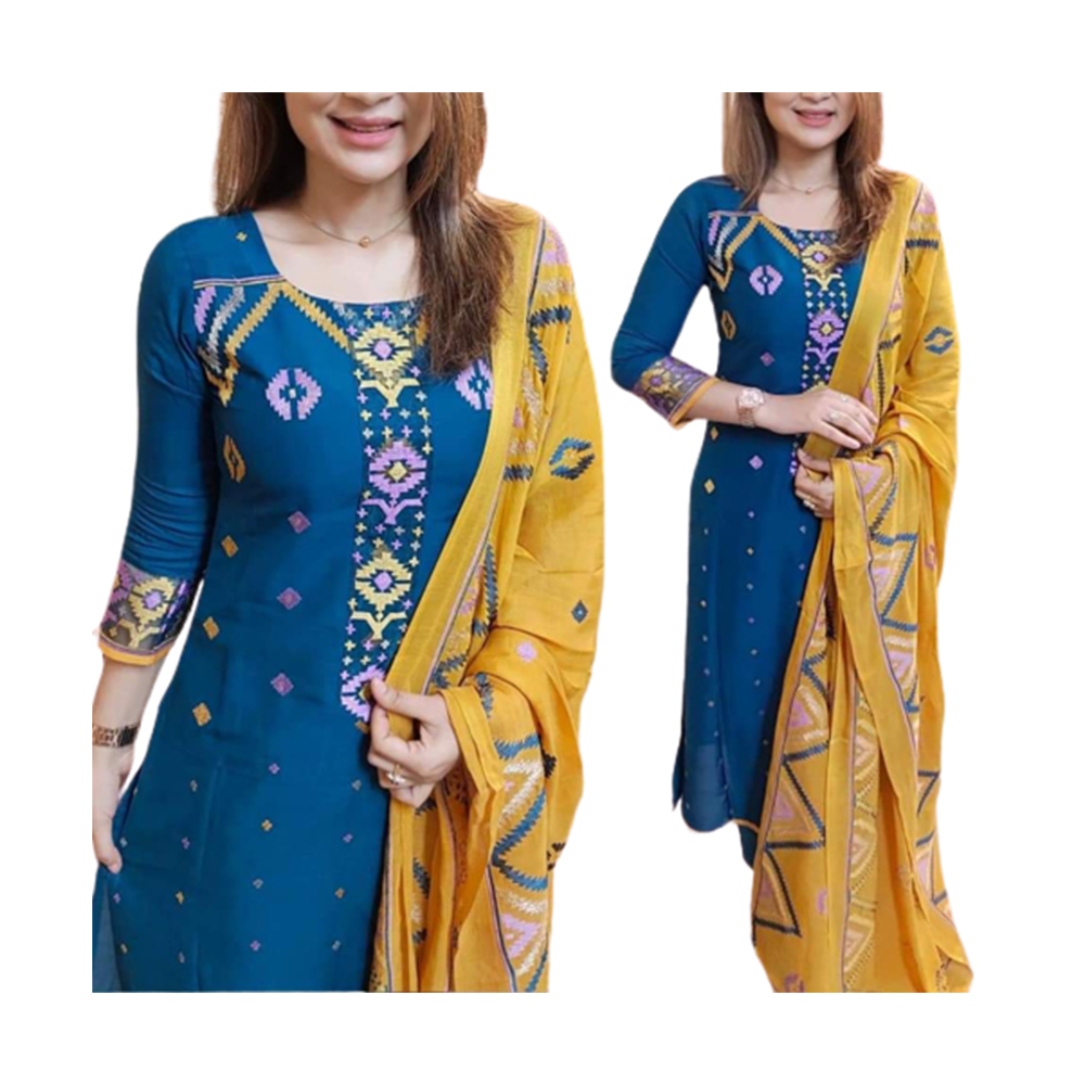 Unstitched Cotton Skin Print Salwar Kameez For Women - Teal - 3C-14