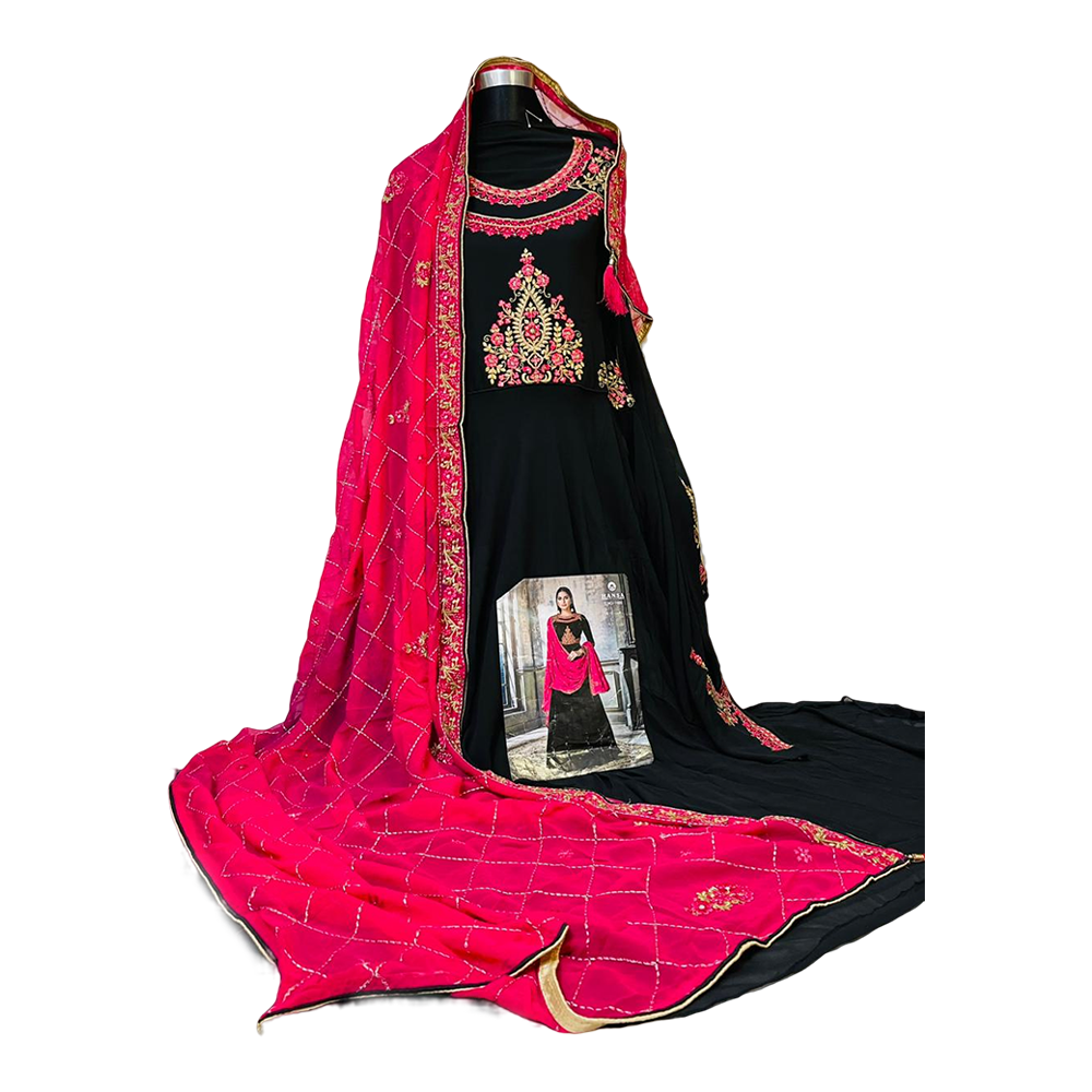 Soft Georgette Anarkoli Salwar Kameez For Women - Black And Pink - ZL-39