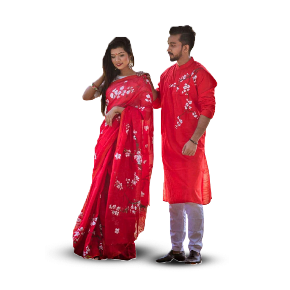 Hand Printed Saree With Panjabi Couple Set - Red - CS-89 