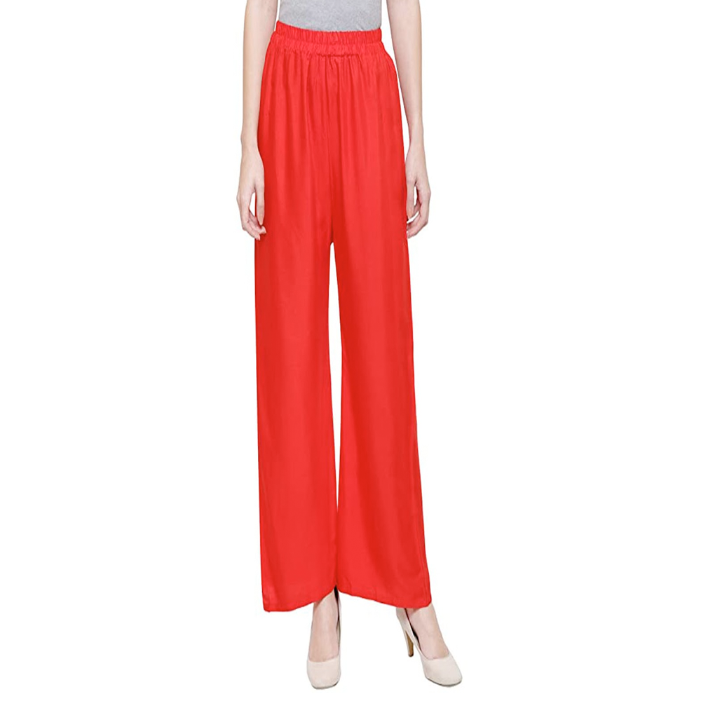 Linen Loose Fit Flared Wide Palazzo Pants For Women - Red