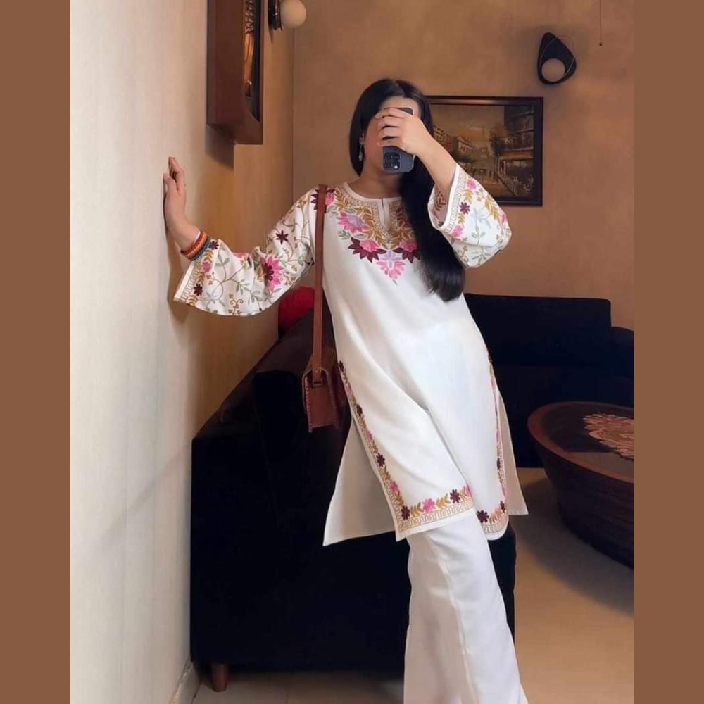 Linen Embroidery Ready Made Two Piece For Women - White