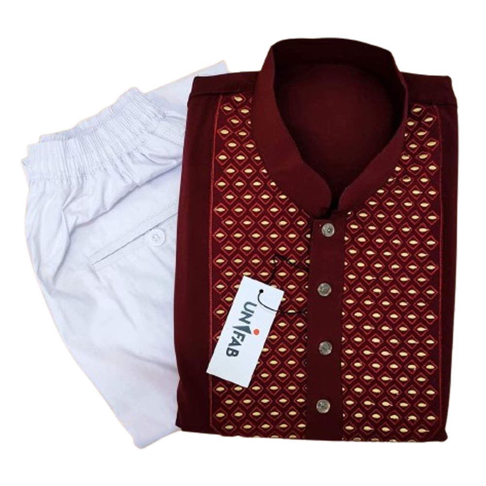 Cotton Printed Semi Long Panjabi Payjama Set For Men - Maroon and White