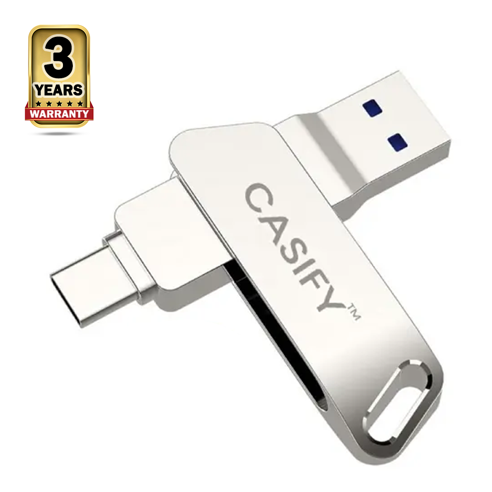 Casify P1 Dual Plug Type C to USB 3.0 Metal Pen Drive - 128 GB - Silver